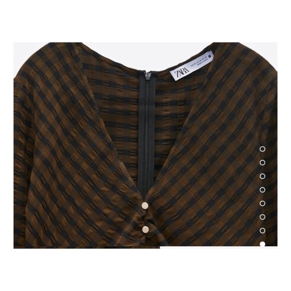 Zara textured checked draped midi dress in brown - Picture 8 of 11